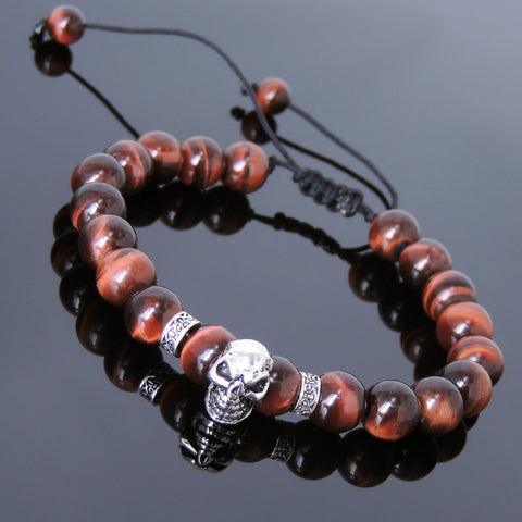 Men's Women Red Tiger Eye Adjustable Braided Bracelet 925 Sterling Silver Skull Cross Spacers DiyNotion BR815