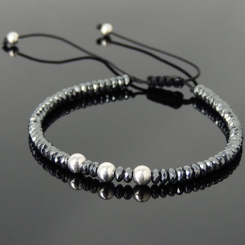 Men's Women Hematite Adjustable Braided Bracelet 925 Sterling Silver Bead DiyNotion BR820