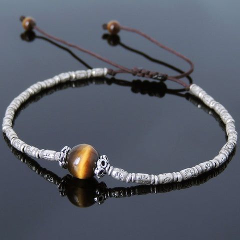 Men's Women Brown Tiger Eye Adjustable Braided Bracelet 925 Sterling Silver Handmade BeadsDiyNotion BR821