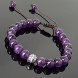 Men's Women Amethyst Adjustable Braided Bracelet 925 Sterling Silver Round Bead DiyNotion BR824