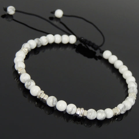 Men's Women White Howlite Adjustable Braided Bracelet 925 Sterling Silver Nugget Beads DiyNotion BR952