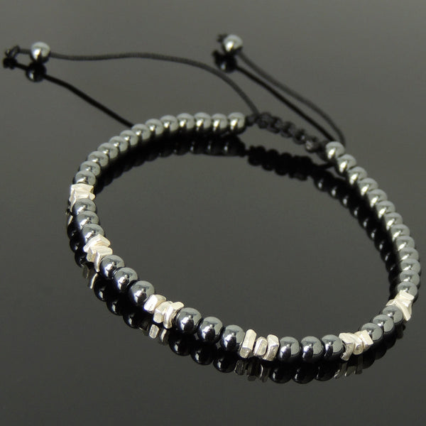Men's Women Hematite Adjustable Braided Bracelet 925 Sterling Silver Nugget Beads DiyNotion BR953