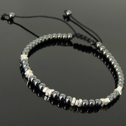Men's Women Hematite Adjustable Braided Bracelet 925 Sterling Silver Nugget Beads DiyNotion BR953