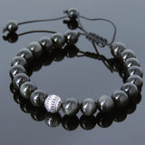 Men's Women Black Obsidian Adjustable Braided Bracelet 925 Sterling Silver Round Bead DiyNotion BR826
