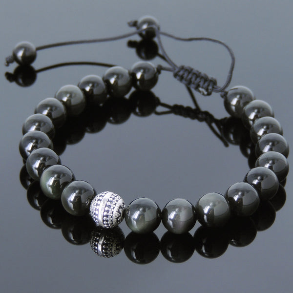 Men's Women Black Obsidian Adjustable Braided Bracelet 925 Sterling Silver Round Bead DiyNotion BR826