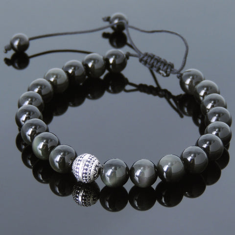 Men's Women Black Obsidian Adjustable Braided Bracelet 925 Sterling Silver Round Bead DiyNotion BR826