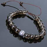 Men's Women Smoky Quartz Adjustable Braided Bracelet 925 Sterling Silver Cube Bead DiyNotion BR827