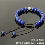 Men's Women Lapis Lazuli Adjustable Braided Bracelet 925 Sterling Silver Round Bead DiyNotion BR828