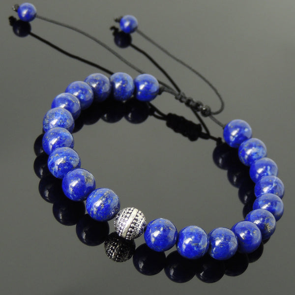 Men's Women Lapis Lazuli Adjustable Braided Bracelet 925 Sterling Silver Round Bead DiyNotion BR828