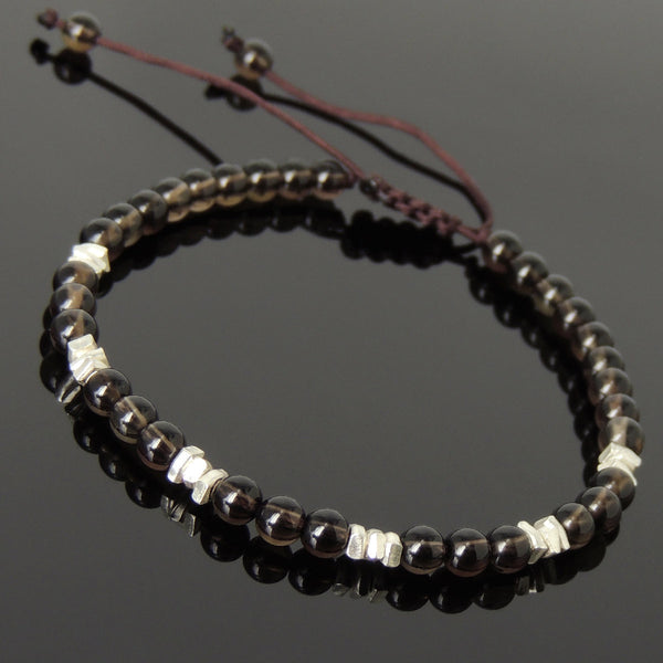 Men's Women Smoky Quartz Adjustable Braided Bracelet 925 Sterling Silver Nugget Beads DiyNotion BR957
