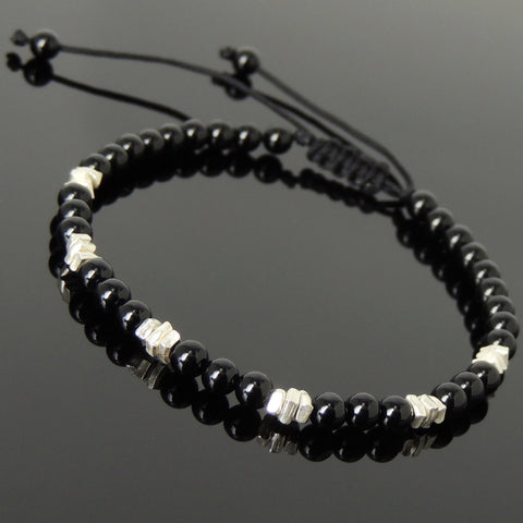 Men's Women Bright Black Onyx Adjustable Braided Bracelet 925 Sterling Silver Nugget Beads DiyNotion BR959