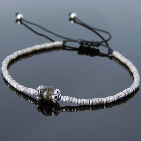 Men's Women Golden Obsidian Adjustable Braided Bracelet 925 Sterling Silver Handmade Beads DiyNotion BR833