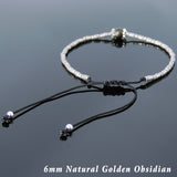 Men's Women Golden Obsidian Adjustable Braided Bracelet 925 Sterling Silver Handmade Beads DiyNotion BR833