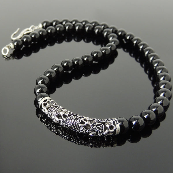Men's Women Bright Black Onyx Sterling Silver Necklace Lucky Charm DiyNotion Handmade NK152