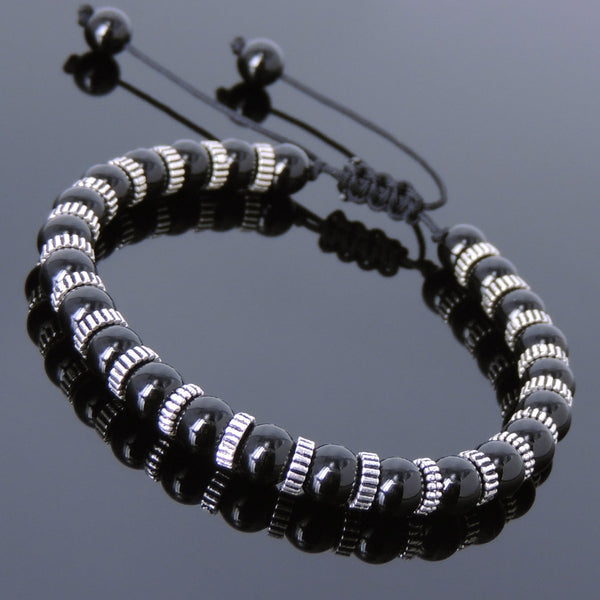Men's Women Bright Black Onyx Adjustable Braided Bracelet 925 Sterling Silver Spacers DiyNotion BR850