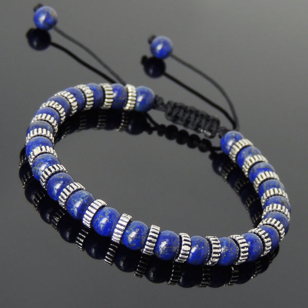 Men's Women Lapis Lazuli Adjustable Braided Bracelet 925 Sterling Silver Spacers DiyNotion BR851