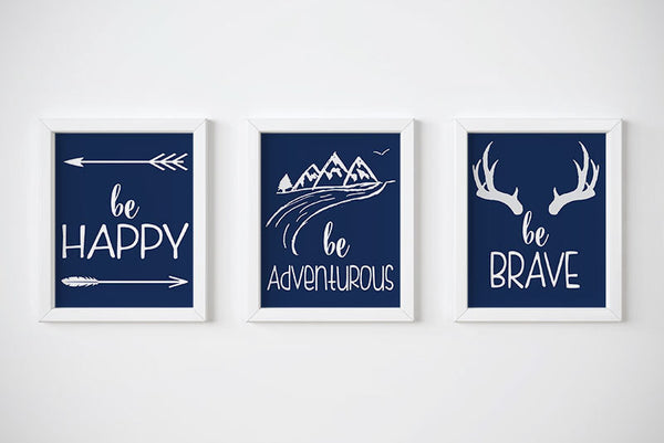 Nursery Wall Art, Set of 4 Prints, Be Happy, Be Brave, Navy Nursery Decor, Printable Wall Art, INSTANT DOWNLOAD, Adventure Nursery Print