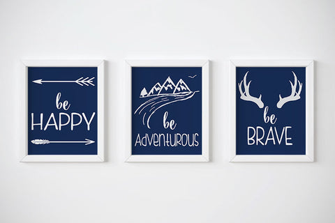Nursery Wall Art, Set of 4 Prints, Be Happy, Be Brave, Navy Nursery Decor, Printable Wall Art, INSTANT DOWNLOAD, Adventure Nursery Print