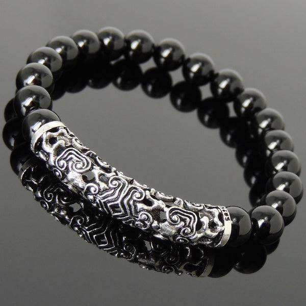 Men Women Bright Black Onyx Bracelet 925 Stamp Sterling Silver Lucky Charm DiyNotion Handmade BR964