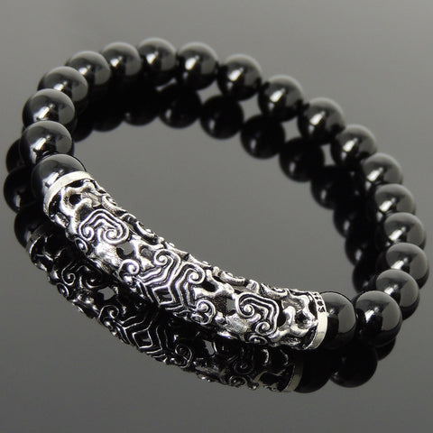 Men Women Bright Black Onyx Bracelet 925 Stamp Sterling Silver Lucky Charm DiyNotion Handmade BR964