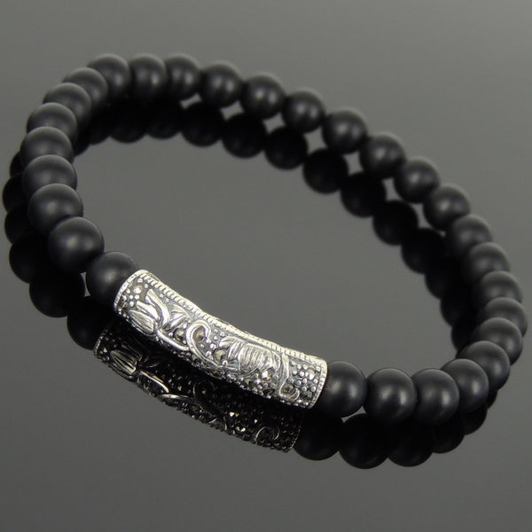 Men's Women Matte Black Onyx Bracelet 925 Stamp Sterling Silver Lotus Charm DiyNotion Handmade BR946