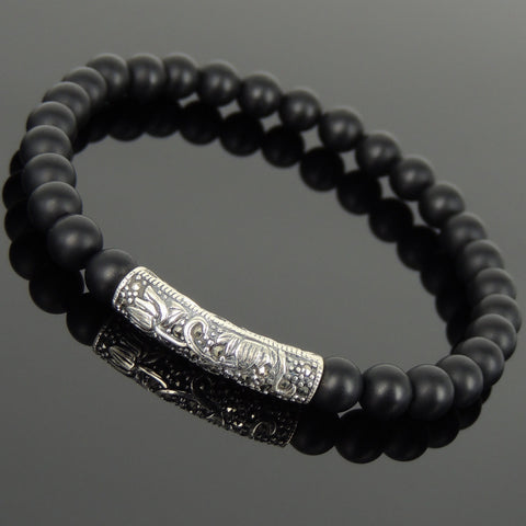 Men's Women Matte Black Onyx Bracelet 925 Stamp Sterling Silver Lotus Charm DiyNotion Handmade BR946