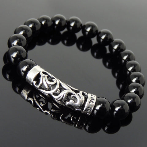 Men Women Bright Black Onyx Bracelet 925 Stamp Sterling Silver Lucky Charm DiyNotion Handmade BR965