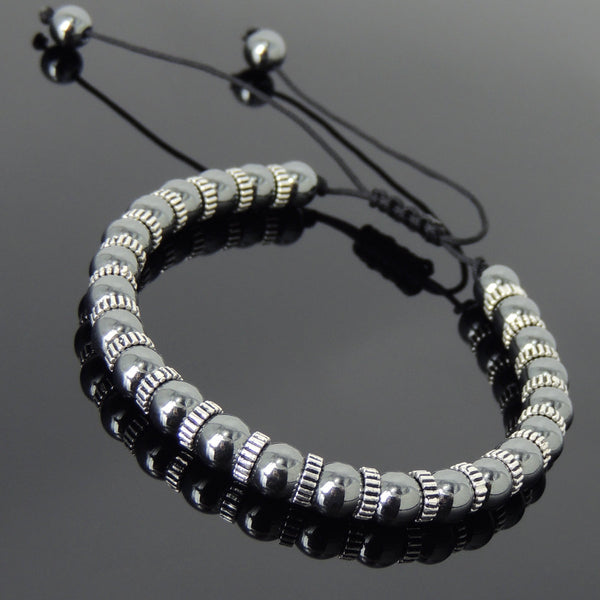 Men's Women Hematite Adjustable Braided Bracelet 925 Sterling Silver Spacers DiyNotion BR856