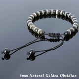Men's Women Golden Obsidian Adjustable Braided Bracelet 925 Sterling Silver Spacers DiyNotion BR858