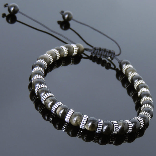 Men's Women Golden Obsidian Adjustable Braided Bracelet 925 Sterling Silver Spacers DiyNotion BR858