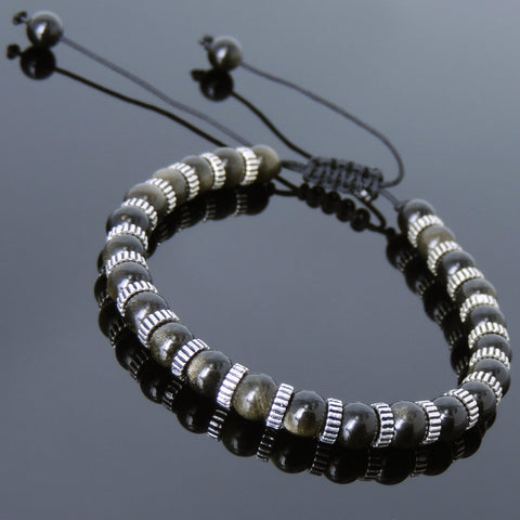 Men's Women Golden Obsidian Adjustable Braided Bracelet 925 Sterling Silver Spacers DiyNotion BR858
