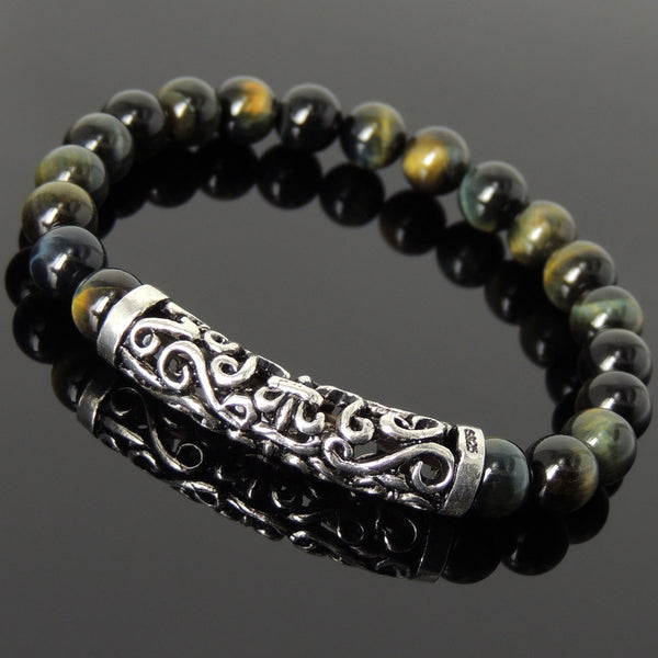 Men Women Brown Blue Tiger Eye Bracelet 925 Stamp Sterling Silver Lucky Charm DiyNotion Handmade BR970