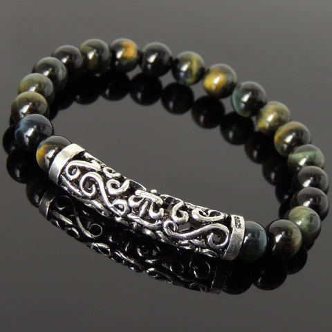 Men Women Brown Blue Tiger Eye Bracelet 925 Stamp Sterling Silver Lucky Charm DiyNotion Handmade BR970