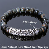 Men Women Mixed Blue Tiger Eye Bracelet 925 Stamp Sterling Silver Lucky Charm DiyNotion Handmade BR971
