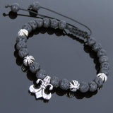 Men's Women Lava Rock Adjustable Braided Bracelet Tibetan Silver Cross Beads & Fleur de Lis Pendant DiyNotion T247