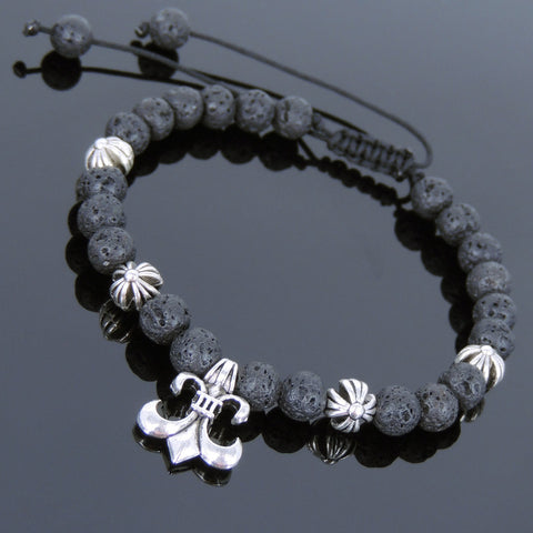 Men's Women Lava Rock Adjustable Braided Bracelet Tibetan Silver Cross Beads & Fleur de Lis Pendant DiyNotion T247