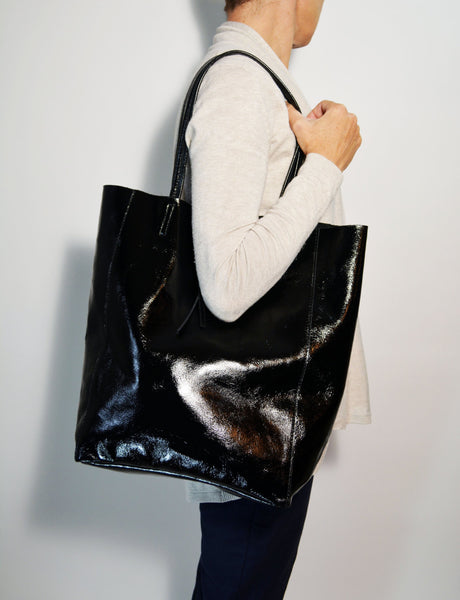 Leather Bag Leather Tote Bag Patent Black Italian Leather Tote Bag Leather Shopper Leather Hobo Bag Leather Travel Bag Everyday Tote Italian
