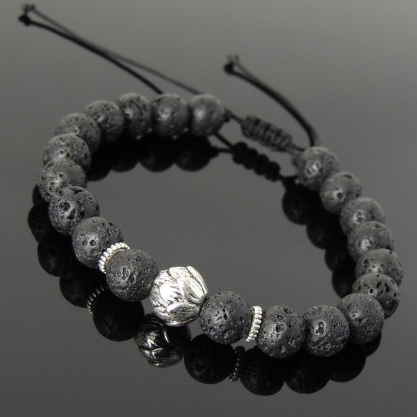 Men's Women Lava Rock Adjustable Braided Bracelet Tibetan Silver Lotus Bead DiyNotion T254