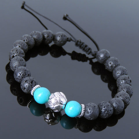 Men's Women Lava Rock Enhanced Turquoise Adjustable Braided Bracelet Tibetan Silver Lotus Bead DiyNotion T258