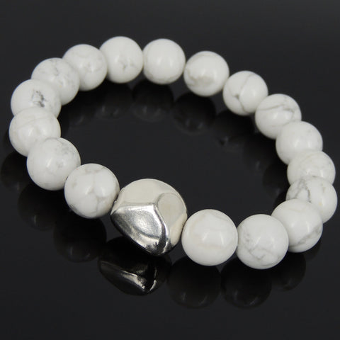Men Women White Howlite Bracelet 925 Sterling Silver Irregular Shape Bead DiyNotion Handmade BR984