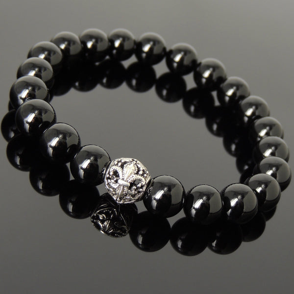 Men Women Bright Black Onyx Bracelet 925 Sterling Silver Fleur de Lis Bead DiyNotion Handmade BR986