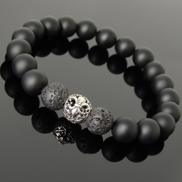 Men Women Matte Black Onyx Lava Rock Bracelet 925 Sterling Silver Fleur de Lis Bead DiyNotion Handmade BR987