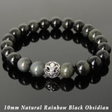 Men Women Rainbow Black Obsidian Bracelet 925 Sterling Silver Fleur de Lis Bead DiyNotion Handmade BR988
