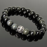 Men Women Rainbow Black Obsidian Bracelet 925 Sterling Silver Fleur de Lis Bead DiyNotion Handmade BR988
