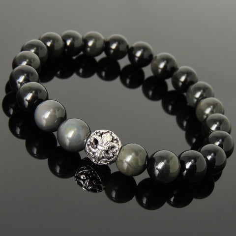 Men Women Rainbow Black Obsidian Bracelet 925 Sterling Silver Fleur de Lis Bead DiyNotion Handmade BR988