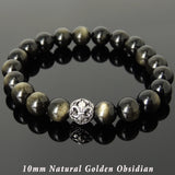 Men Women Natural Golden Obsidian Bracelet 925 Sterling Silver Fleur de Lis Bead DiyNotion Handmade BR989