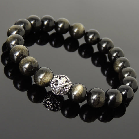 Men Women Natural Golden Obsidian Bracelet 925 Sterling Silver Fleur de Lis Bead DiyNotion Handmade BR989
