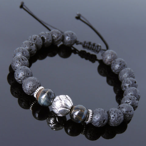 Men's Women Lava Rock Mixed Blue Tiger Eye Adjustable Braided Bracelet Tibetan Silver Lotus Bead DiyNotion T261