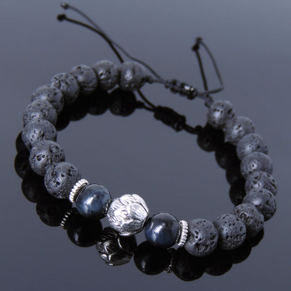 Men's Women Lava Rock Blue Tiger Eye Adjustable Braided Bracelet Tibetan Silver Lotus Bead DiyNotion T262