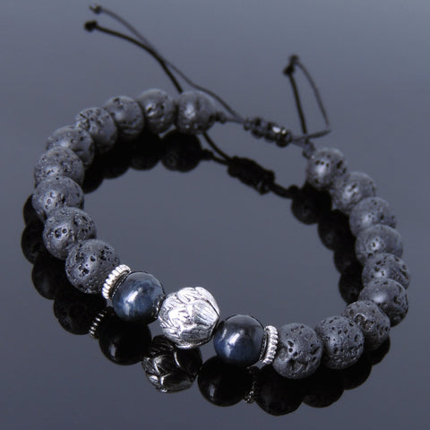 Men's Women Lava Rock Blue Tiger Eye Adjustable Braided Bracelet Tibetan Silver Lotus Bead DiyNotion T262